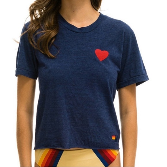 Aviator Nation Blue Boyfriend Crewneck Tee with Red Heart - Picture 1 of 7